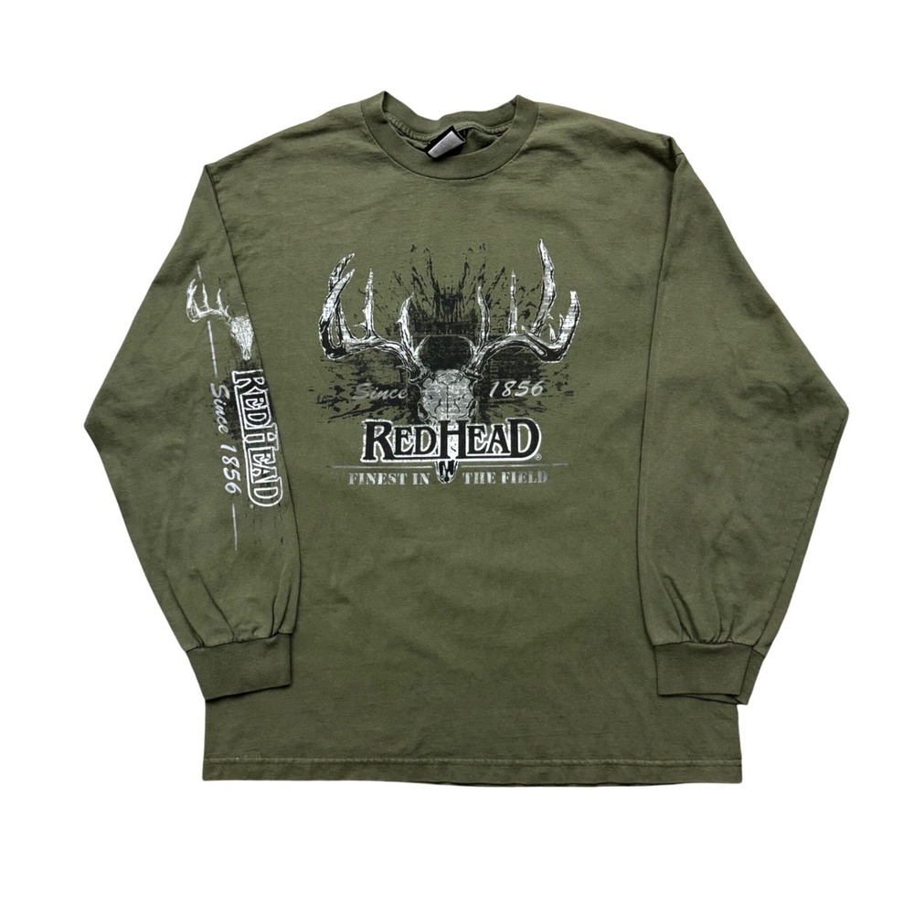 RedHead Long Sleeve T-Shirt Graphic Tee Olive Green Deer Skull Antlers Size L